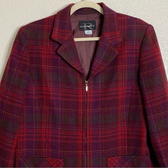 Requirements Wool Blend Red Plaid Zip Up Blazer Jacket, Size 12 - Picture 3 of 11